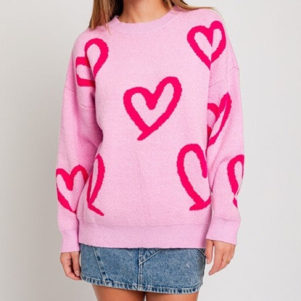 LE LIS Women’s Long Sleeve Round Neck Heart Printed Sweater Pink Oversized Fit M